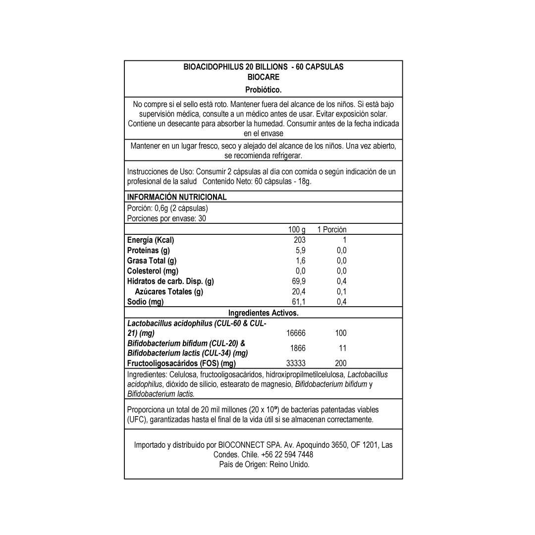 Probióticos - BioAcidophilus - 20 billones - 60 cápsulas