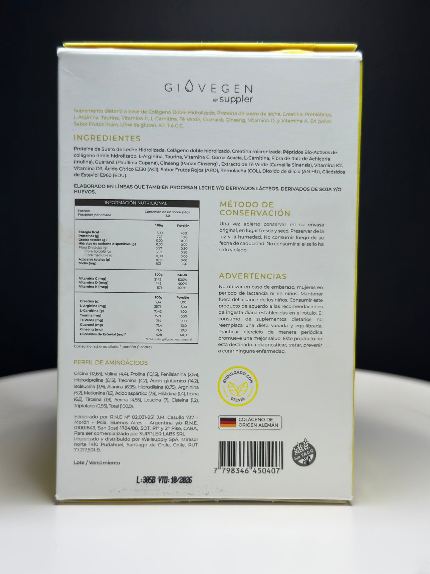 Colágeno Amarillo Giovegen (PROTEINAS + EXTRACTOS + AMINOACIDOS + VITAMINAS)