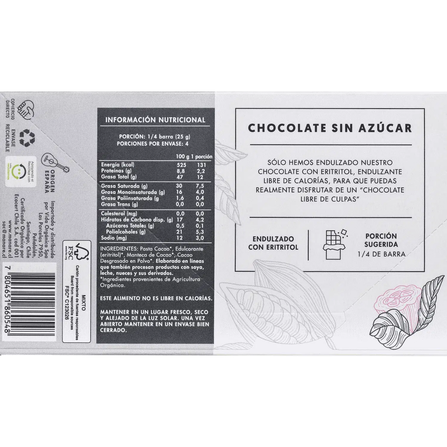 Chocolate sin azúcar 79% cacao orgánico 100 g